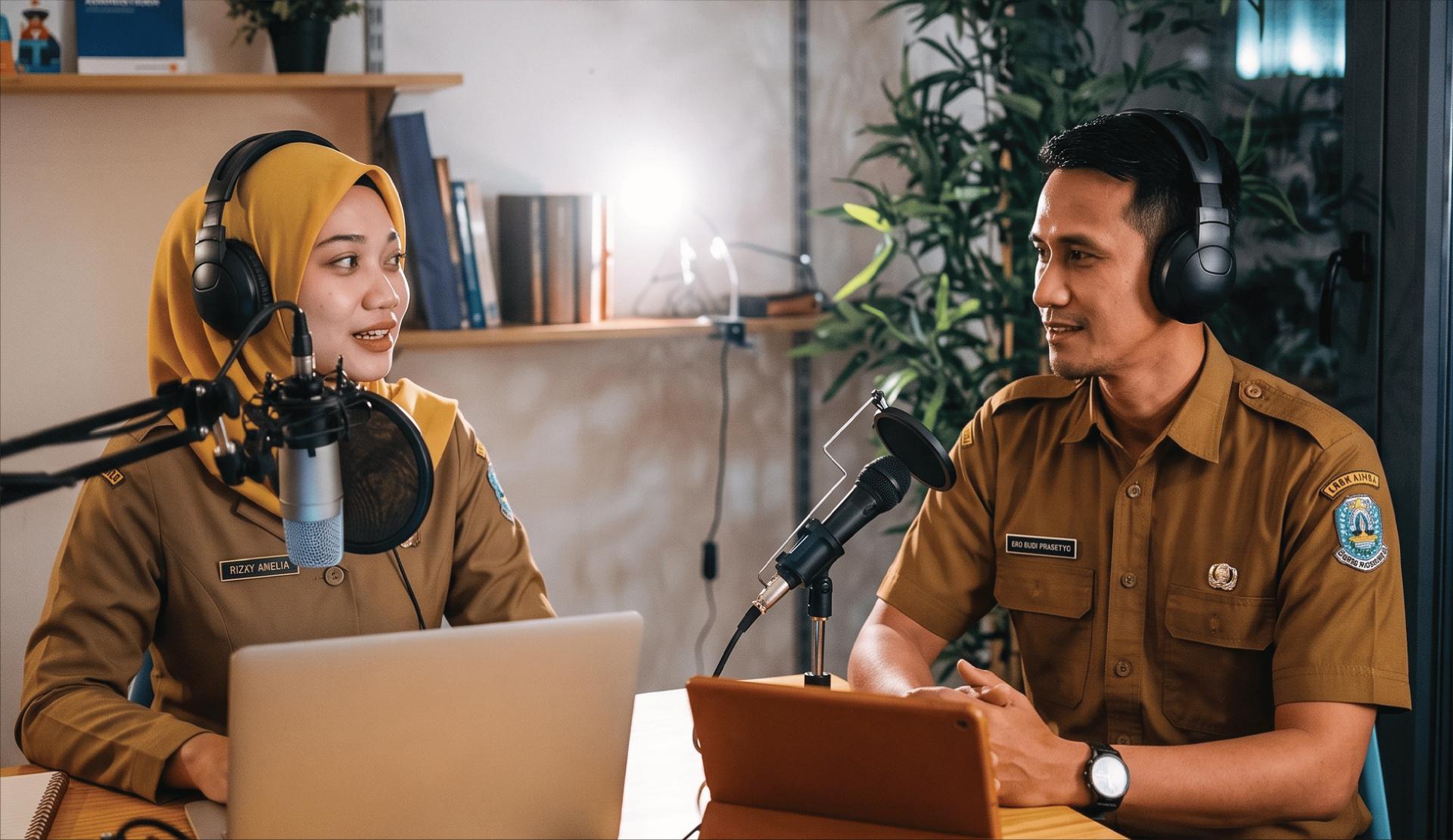Dua ASN merekam podcast dengan headphone dan mikrofon